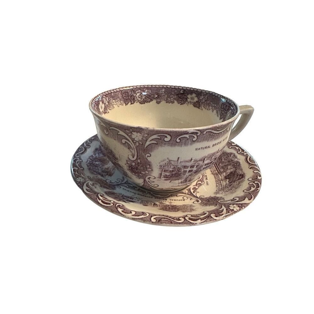 Vtg Old English Staffordshire Ware Natural Bridge Virginia Cup & Saucer Mulberry
